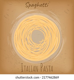 Italian spaghetti pasta served in form of round frame. long macaroni top view on beige background. Traditional italian dish, raw product, flour main course ingredient for cooking in restaurant