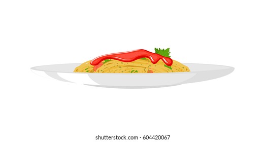 Italian spaghetti pasta with tomato sauce. Vector isolated on white