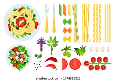 Italian spaghetti, salad and ingredients vector illustration in a flat design.