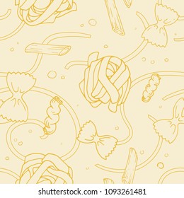 Italian spaghetti seamless beige pattern. Ornament of handdrawn doodles of different tkinds of pasta. Pastafarian background. Textile, paper, wallpaper design for cafes with italian cousine. 