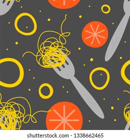 Italian spaghetti and tomatoes seamless pattern. Italian food restaurant, bistro menu background, backdrop design. Cartoon pasta, forks, tomatoes flat kitchen textile, wrapping paper
