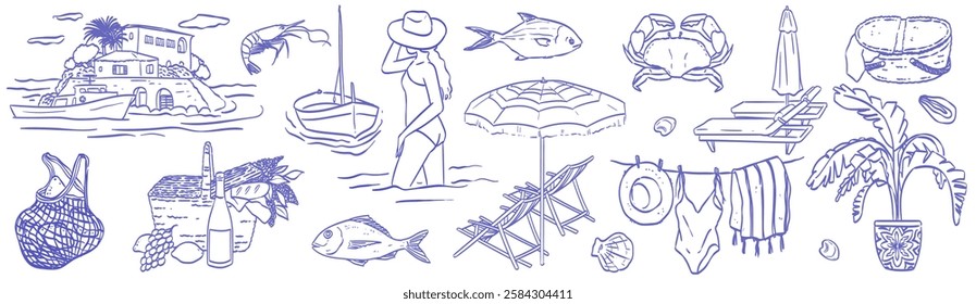 Italian or Spanish summer woman vacation doodle style illustration set. Vector ink hand drawn Italy coast sea or beach elements. Sea weekend or rest collection for invitations to beach party, picnic.