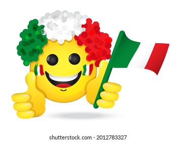 Fanático deportivo italiano, peluca con los colores de las banderas italianas, emoji. Sonrisas de emoticonos vectores sosteniendo el pulgar hacia arriba, bandera nacional. Emoticon amarillo para chats de internet, bares deportivos. Icono aislado para aplicaciones móviles, medios sociales