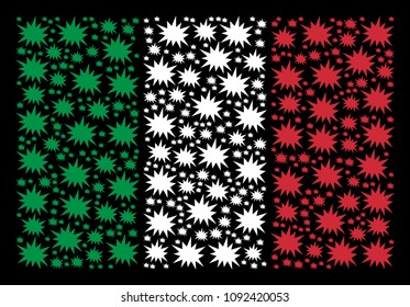 Italian state flag flat collage formed from bang icons on a black background. Vector bang elements are arranged into geometric Italian flag composition.