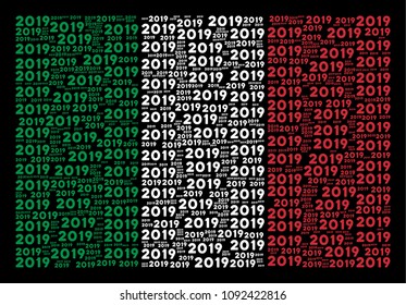 Italian state flag flat collage constructed of 2019 year text icons on a black background. Vector 2019 year text objects are united into abstract Italian flag collage.