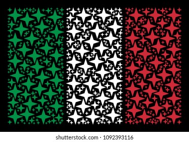 Italian state flag flat concept organized of space star items on a black background. Vector space star symbols are composed into abstract Italian flag collage.