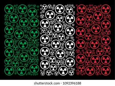 Italian state flag flat concept organized of radioactive icons on a black background. Vector radioactive design elements are united into geometric Italy flag collage.