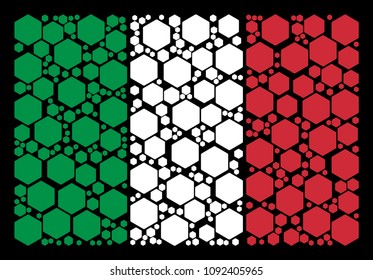 Italian state flag flat concept designed of filled hexagon items on a black background. Vector filled hexagon elements are composed into abstract Italian flag illustration.