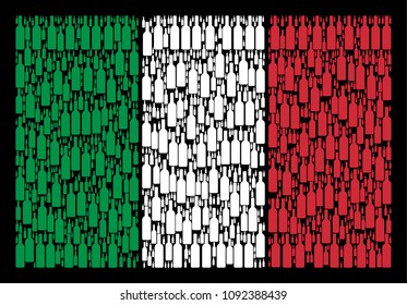 Italian state flag flat mosaic formed of wine bottle items on a black background. Vector wine bottle symbols are combined into geometric Italian flag collage.