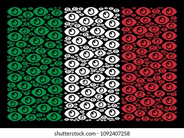 Italian state flag flat mosaic organized from eye items on a black background. Vector eye objects are arranged into conceptual Italian flag pattern.