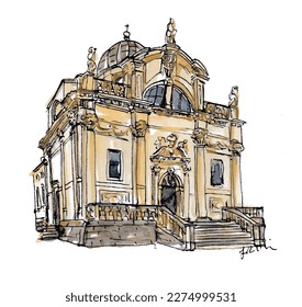 Italian stone church building, steps, dome, pillars. Watercolor sketch illustration. Isolated vector.