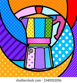 Italian Stove-Top steam-based Espresso coffee Maker pop art modern illustration for your design. Geometrical halftone elements for print and web. 