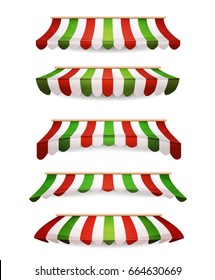 Italian Striped Awnings For Market Store/
Illustration of a set of striped awnings with italy flags colors, for shop and market store