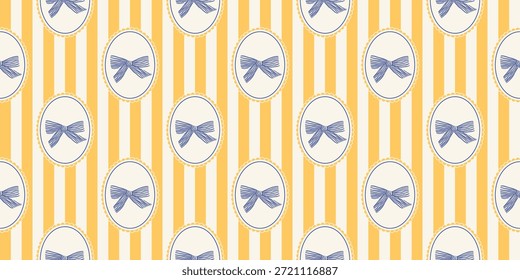 Patrón italiano a rayas sin costuras con marco ovalado con encaje y lazos. Fondo amarillo y azul del verano mediterráneo. Diseño juguetón para envolver papel, tela y textil. Arte de Ilustración vectorial