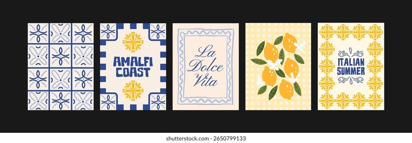 Italian style posters with Amalfi coast aesthetics. Decorative compositions with ceramic tiles, lemons and classic lettering in Mediterranean mood. Decor for kitchens, cafes and restaurants. Minimalis