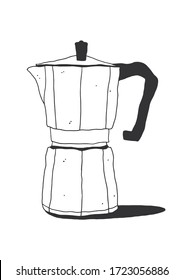 Italian style stovetop coffee maker illustration. Moka pot hand-drawn line art on the white background. Cafe spot illustration