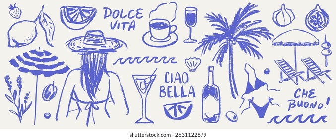 Italian style vacation elements for poster, placard or menu prints and decoration with lettering. Summer vacation hand drawn vector illustrations in grunge chalk or charcoal rough doodle sketch style.