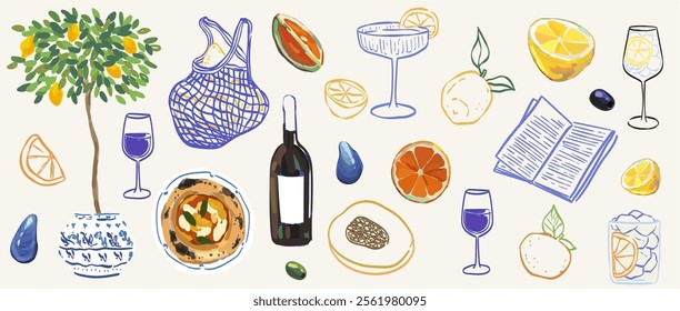 Italian style vacation hand drawn vector illustrations in mixed media collage style with doodle sketch elements. Lemons, wine and pizza vacation in dolce vita style. Oil drawings for poster, placard.