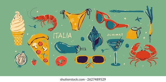 Italian style vacation hand drawn vector illustrations in mixed media collage style with doodle sketch elements. Lemons, wine and pizza vacation in dolce vita style. Oil drawings for poster, placard.