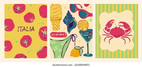 Italian style vacation hand drawn vector illustrations in mixed media collage style with doodle sketch elements