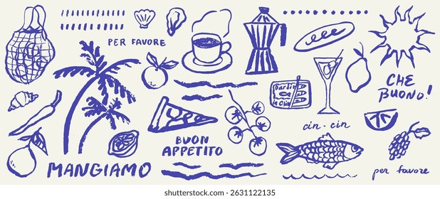 Italian style vacation hand drawn vector illustrations in grunge chalk or charcoal rough doodle sketch style. Summer vacation elements in ink simple style. Drawings for poster, placard or menu print.
