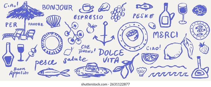 Italian style vacation hand drawn vector illustrations in grunge chalk or charcoal rough doodle sketch style. Summer vacation elements for poster, placard or menu prints and decoration with lettering.