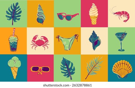 Italian style vacation hand drawn vector illustrations in mixed media collage style with doodle sketch elements