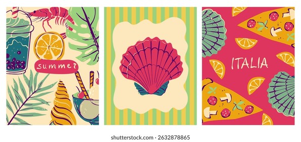 Italian style vacation hand drawn vector illustrations in mixed media collage style with doodle sketch elements