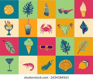 Italian style vacation hand drawn vector illustrations in mixed media collage style with doodle sketch elements