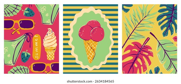 Italian style vacation hand drawn vector illustrations in mixed media collage style with doodle sketch elements