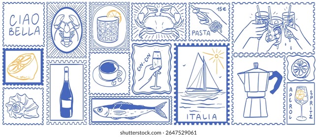Italian style vacation hand drawn post stamps in doodle sketch style. Summer Italy holidays elements for poster, placard or postcard prints. Italian Amalfi Sicily beach vector illustration patterns.