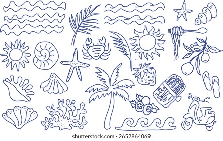 Estilo italiano férias desenhado à mão ilustrações vetoriais com desenho à mão estilo de esboço de rabiscar. para férias de verão elementos de tinta azul estilo. Desenhos para cartaz, impressão de cartão de visita ou de menu.