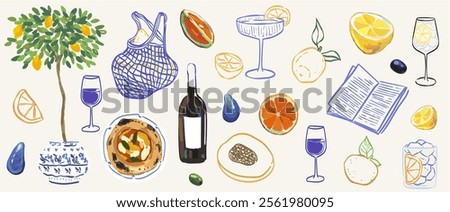 Italian style vacation hand drawn vector illustrations in mixed media collage style with doodle sketch elements. Lemons, wine and pizza vacation in dolce vita style. Oil drawings for poster, placard.