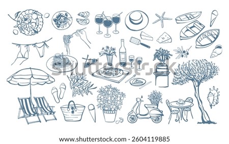 Italian style vacation hand drawn illustrations set