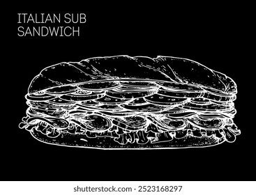 Boceto de sándwich sub italiano. Sandwich con lechuga, rodajas de tomates frescos, salami, zumo y queso. Ilustración vectorial dibujada a mano.