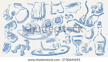 Italian summer beach sketch set with amalfi coast elements - lemon slices, sunglasses and seafood. Hand drawn doodle vector in blue ink style. Mediterranean vacation icons for coastal tourism design