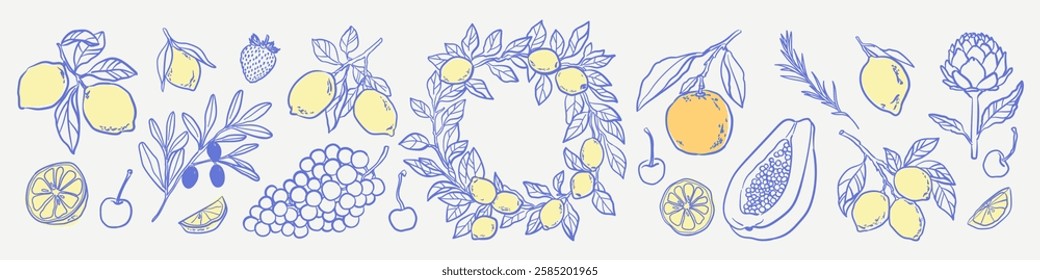 Italian Summer Citrus Harvest Set. Hand drawn illustrations with branches of lemons, orange, olive, fruits. Amalfi coast sketch doodles for wedding invitations, posters, t-shirts. Dolce vita.	
