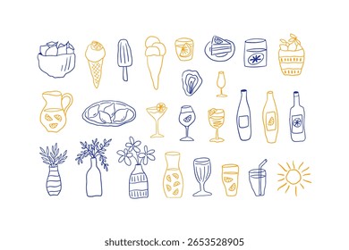 Italian summer clipart set. Dolce vita style vector illustration. Hand drawn sketch elements with lemon, flower isolated on white. Vacation line art drawing. Doodle graphic for menu, bar, banner