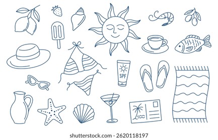 Italian summer essentials, la dolce vita set. Mediterranean vibes line art collection in blue . Vector elements isolated on white background.
