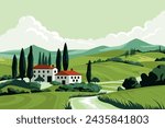 Italian summer fields landscape. Cartoon countryside panorama with Tuscany hills and village houses, rural valley with trees and mountains. Vector illustration.