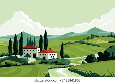 Paisaje de campos de verano italiano. Panorama de campo de dibujos animados con colinas de la Toscana y casas de pueblo, valle rural con árboles y montañas. Ilustración vectorial.