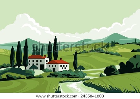 Italian summer fields landscape. Cartoon countryside panorama with Tuscany hills and village houses, rural valley with trees and mountains. Vector illustration.