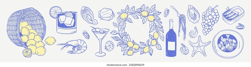 Italian Summer Food and Drinks Set. Hand drawn illustrations of lemon wreath, cocktails, wine, seafood. Sea vacation, weekend elements in doodle sketch style. Dolce vita.	
