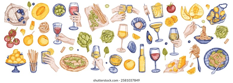 Italian summer food illustration set, vector hand drawn watercolor lunch collection, pizza, pasta. Female hand with wine glass, fresh fruit, Italy retro aesthetic meal print. Italian food sticker kit