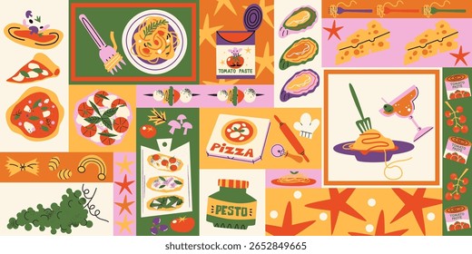 Italian summer food pattern in retro cartoon style. Amalfi coast vibe: pizza, pasta, tomato paste, pesto, olives, mozzarella, herbs and seafood. Illustration in funky, doodle style,Mediterranean print