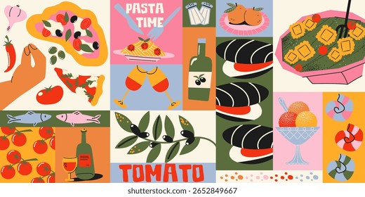 Padrão de comida de verão italiano em estilo de desenho animado retrô. Amalfi Coast vibe: pizza, massa, pasta de tomate, pesto, azeitonas, mozzarella, ervas e frutos do mar. Ilustração em estilo deslumbrante, estilo rabiscar, impressão mediterrânea
