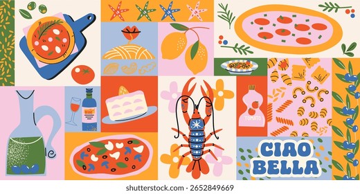 Padrão de comida de verão italiano em estilo de desenho animado retrô. Amalfi Coast vibe: pizza, massa, pasta de tomate, pesto, azeitonas, mozzarella, ervas e frutos do mar. Ilustração em estilo deslumbrante, estilo rabiscar, impressão mediterrânea