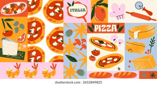 Padrão de comida de verão italiano em estilo de desenho animado retrô. Amalfi Coast vibe: pizza, massa, pasta de tomate, pesto, azeitonas, mozzarella, ervas e frutos do mar. Ilustração em estilo deslumbrante, estilo rabiscar, impressão mediterrânea