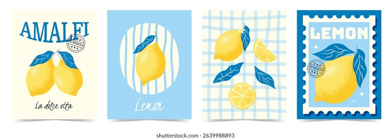Italian summer with lemon. Vintage Amalfi handdrawn posters and postcard set. Food from Italy, lemons design template. Vector illustration for menu, card, banner, cover