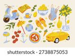 Italian summer lifestyle objects collection including scooter, car, food, drinks, beach accessories and lemons. Flat illustration set isolated on background. Mediterranean vacation and travel concept